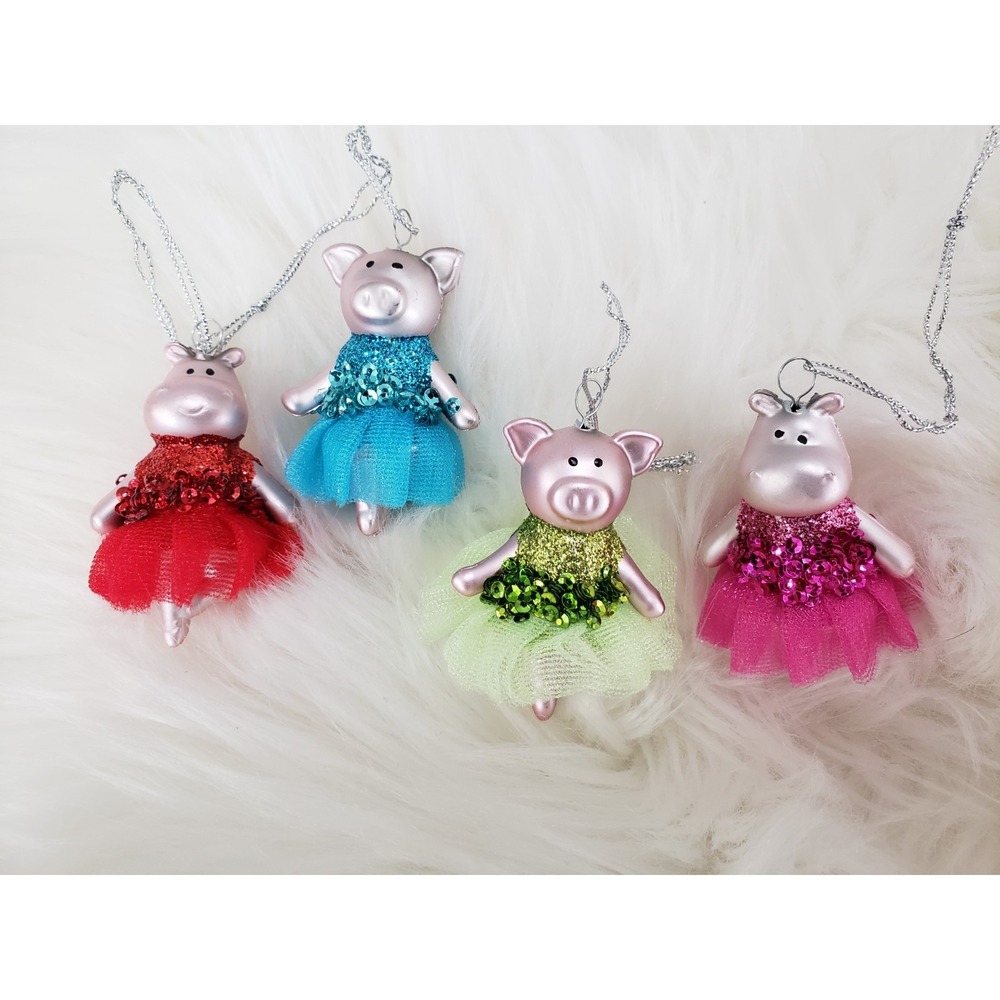 SET FOUR - MINI 2.5" Christmas Ballerina House Hippo Pig Glass Ornament Dancer
